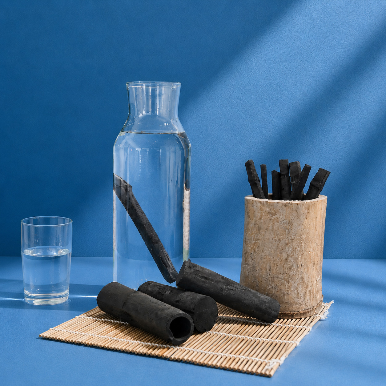 Bâtons de takesumi (charbon de bambou) mis en scène sur une surface sombre dans une lumière technique et premium