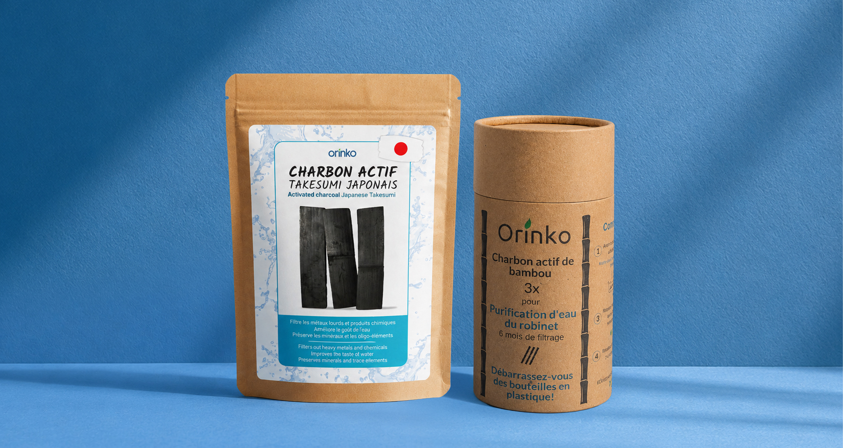 Boîte cylindrique et sachet de takesumi imprimés à la marque d'un revendeur, prêts pour le rayon